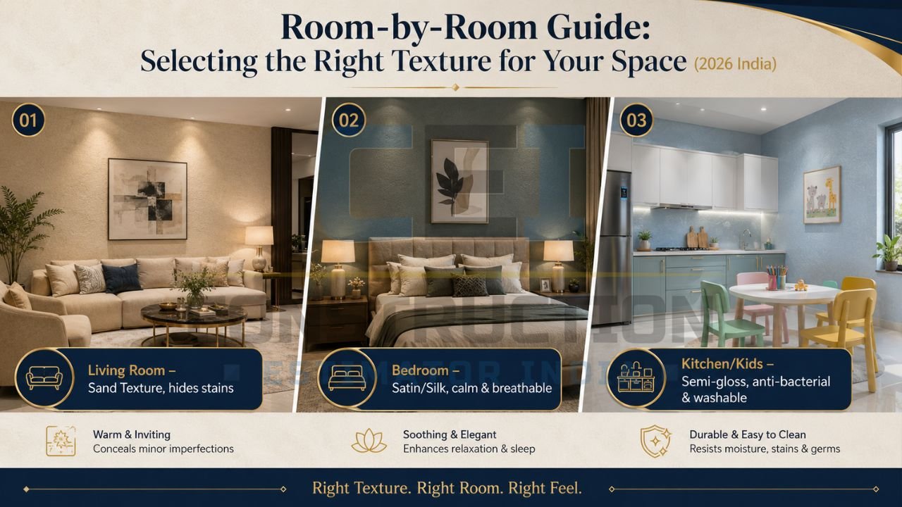 Texture paint room-by-room guide showing ideal wall finishes for living rooms, bedrooms, and kitchens