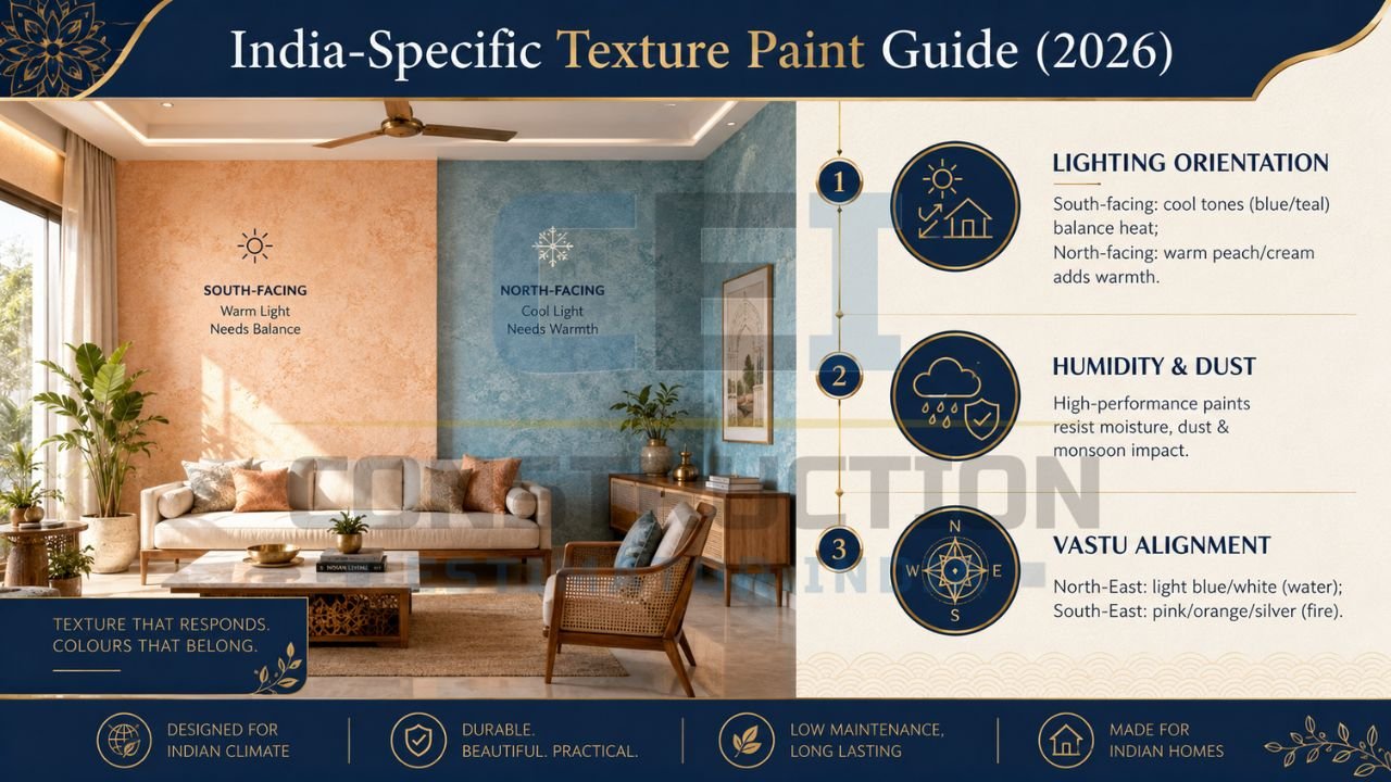 India-specific texture paint guide infographic showing lighting orientation, humidity resistance, and vastu-based wall finishes
