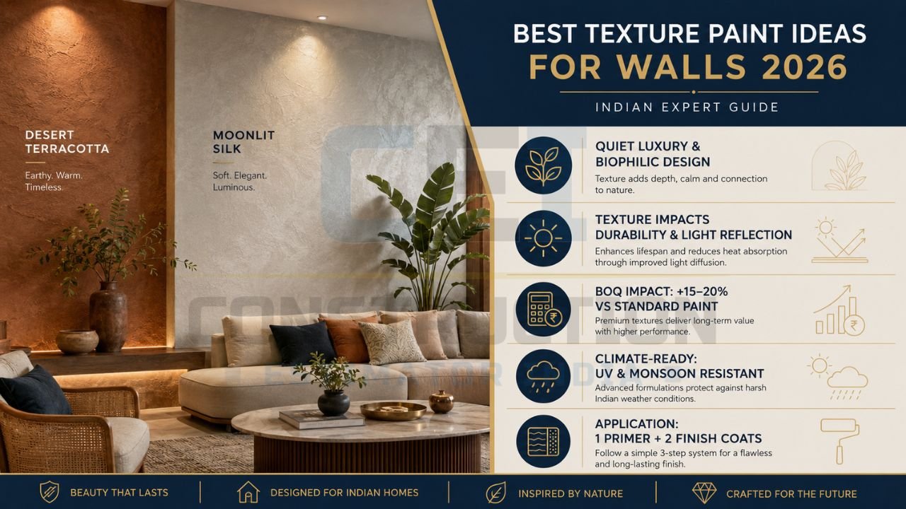 Modern texture wall paint ideas infographic showing luxury finishes, climate-resistant coatings, and Indian interior trends
