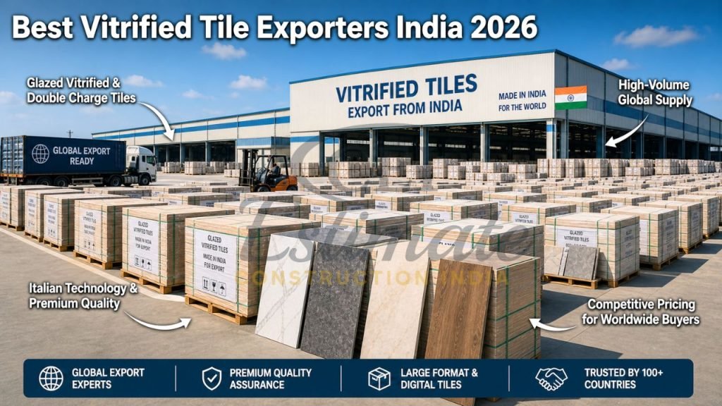 Premium glazed vitrified tiles and large stacks ready for international export from Morbi Gujarat