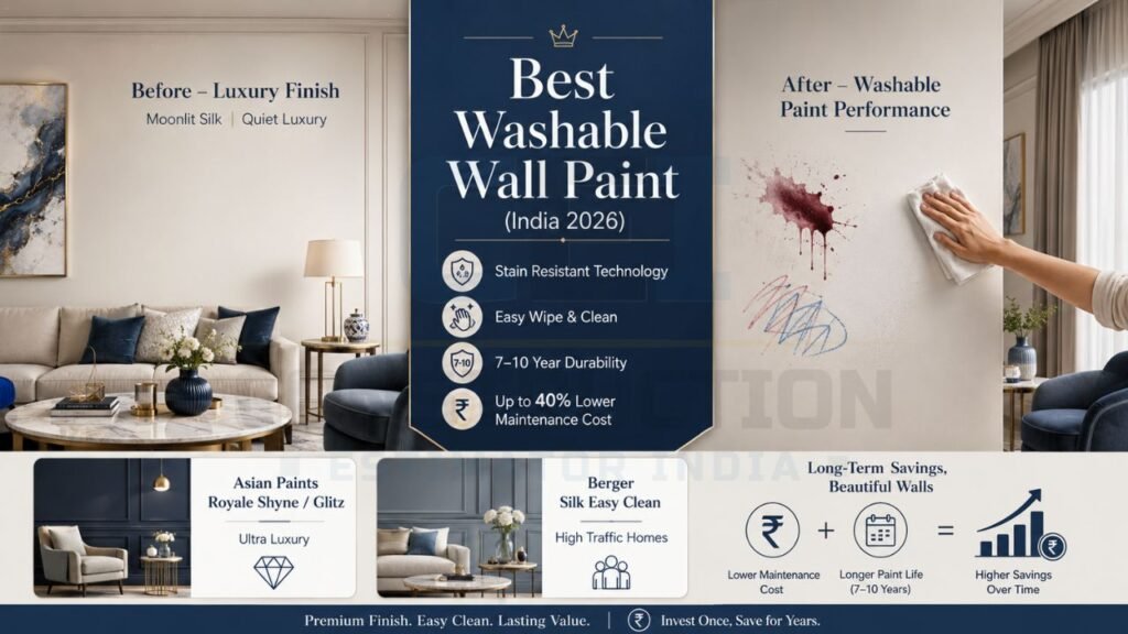 Washable wall paint infographic showing stain-resistant luxury wall finishes and easy-clean performance for Indian homes
