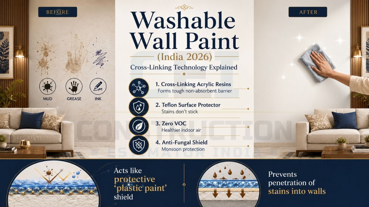Washable wall paint infographic showing before and after stain cleaning performance with anti-fungal and stain-resistant technology