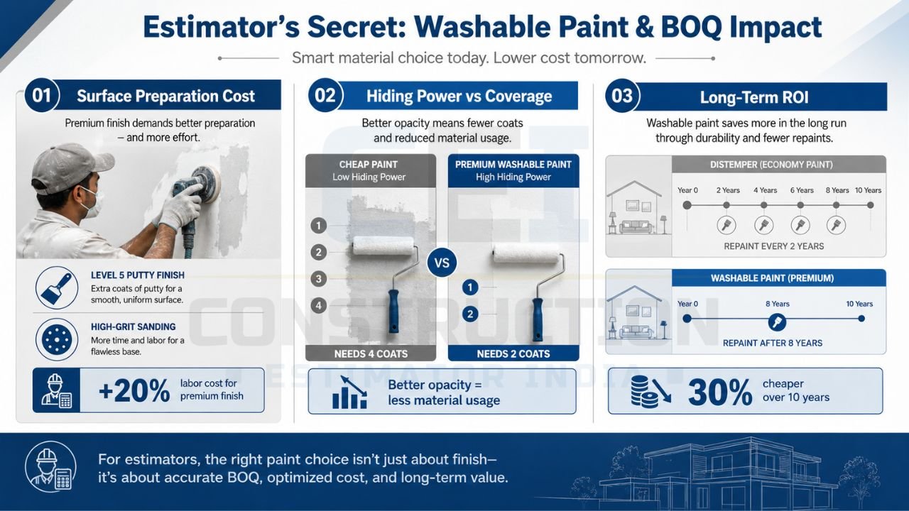 BOQ and washable paint comparison infographic showing preparation cost, coverage efficiency, and long-term ROI