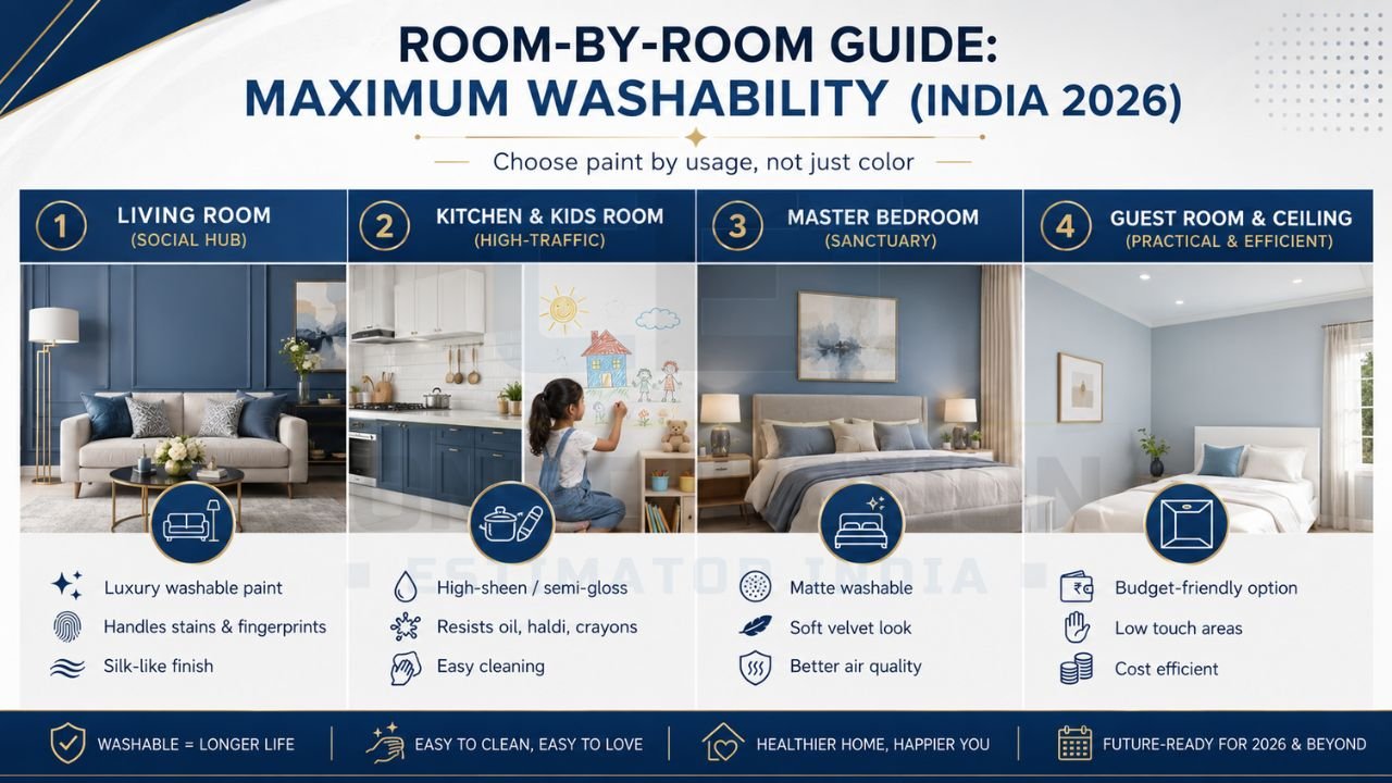 Room-by-room washable wall paint guide showing ideal paint finishes for living rooms, kitchens, bedrooms, and guest rooms in Indian homes