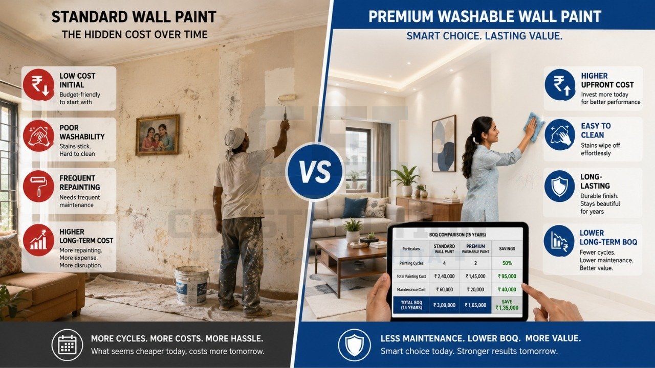 Standard vs premium washable wall paint comparison showing cost, durability, maintenance, and long-term value