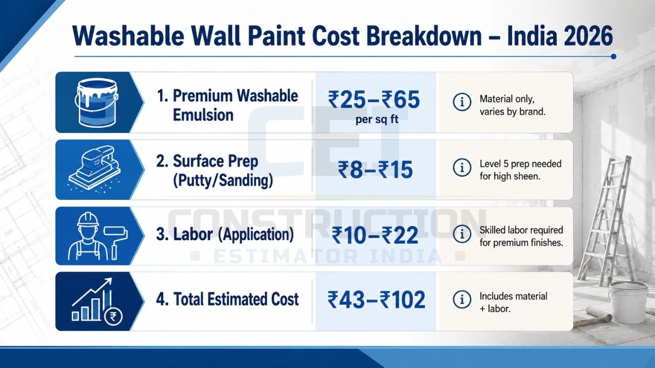 Washable wall paint cost breakdown India 2026 showing material, labor, surface prep, and total cost per sq ft