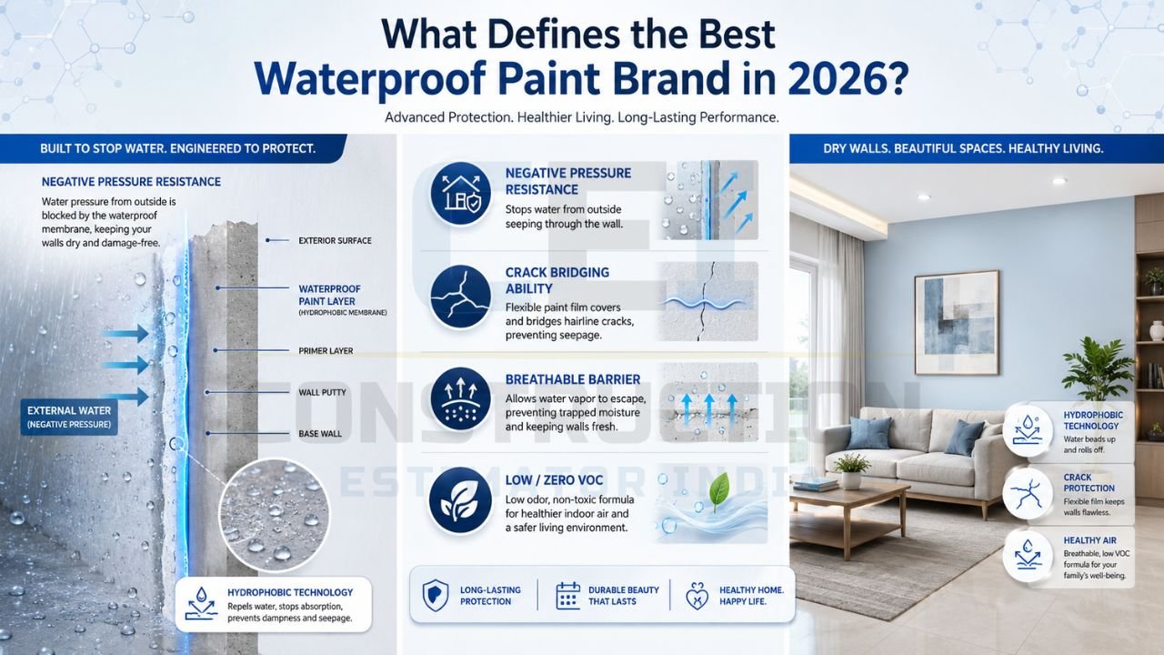 Waterproof paint technology infographic showing negative pressure resistance, crack bridging, and low VOC protection