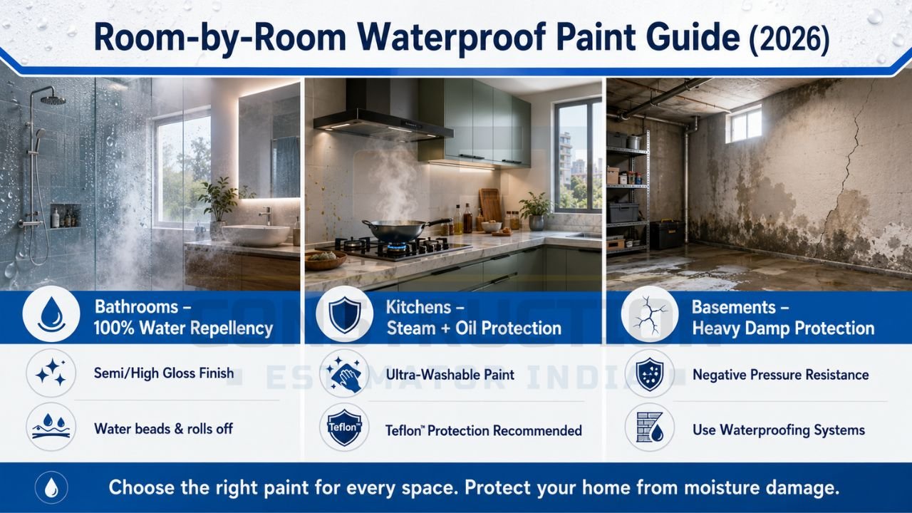 Waterproof paint guide infographic for bathroom, kitchen, and basement protection in India