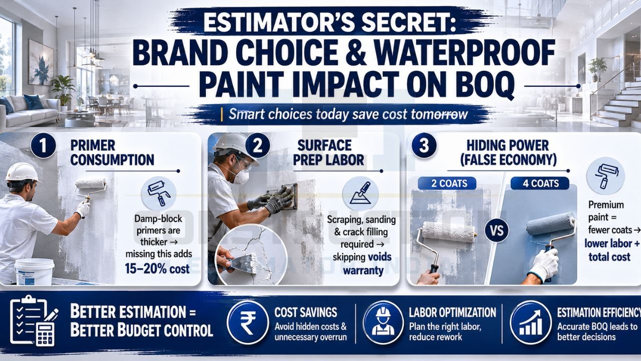 Paint estimator infographic showing pigment density, hiding power, and surface preparation impact on project BOQ