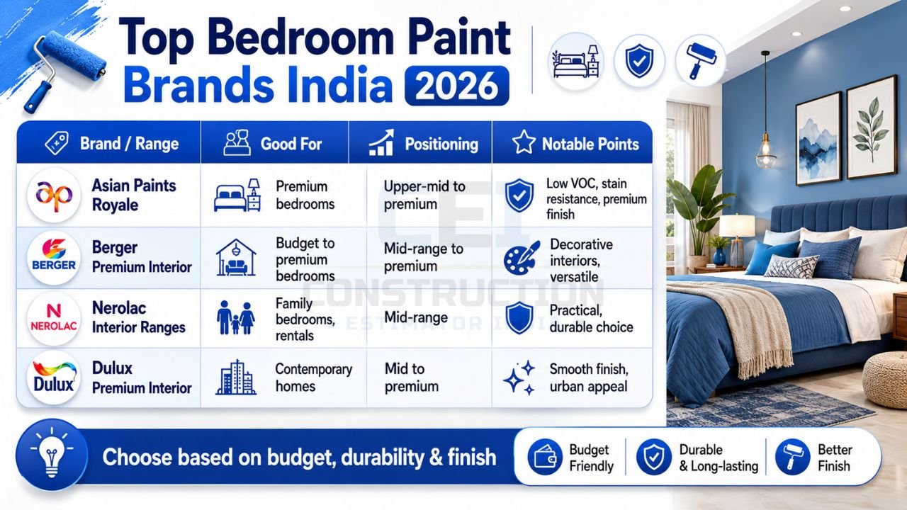 Top bedroom paint brands in India 2026 including Asian Paints, Berger, Nerolac, and Dulux for modern bedroom walls