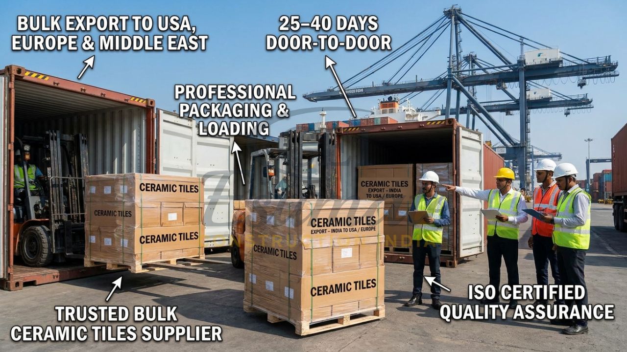 Containers loaded with bulk ceramic tiles at Mundra Port for export to USA, Europe & Middle East