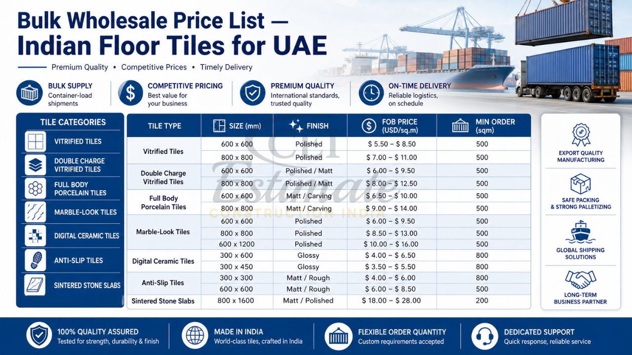 Bulk wholesale price list of Indian floor tiles for UAE showing vitrified, porcelain, marble-look, ceramic tiles with sizes, finishes, FOB prices and minimum order quantity