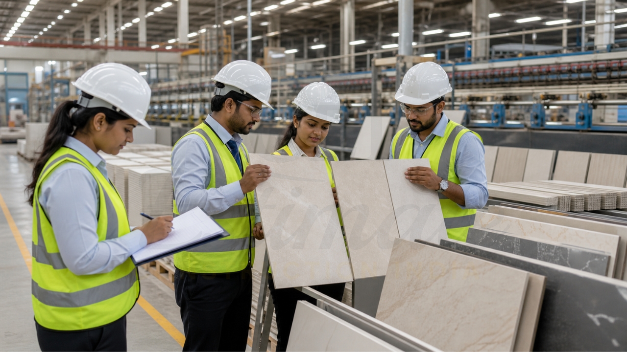 Construction Estimator India team inspecting ceramic wall tile shade batches at Morbi factory – quality control before export