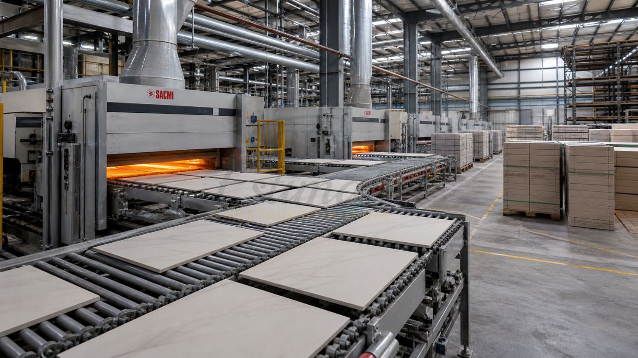 Ceramic tile manufacturing plant in Morbi India showing automated kiln production line and large-scale tile processing factory