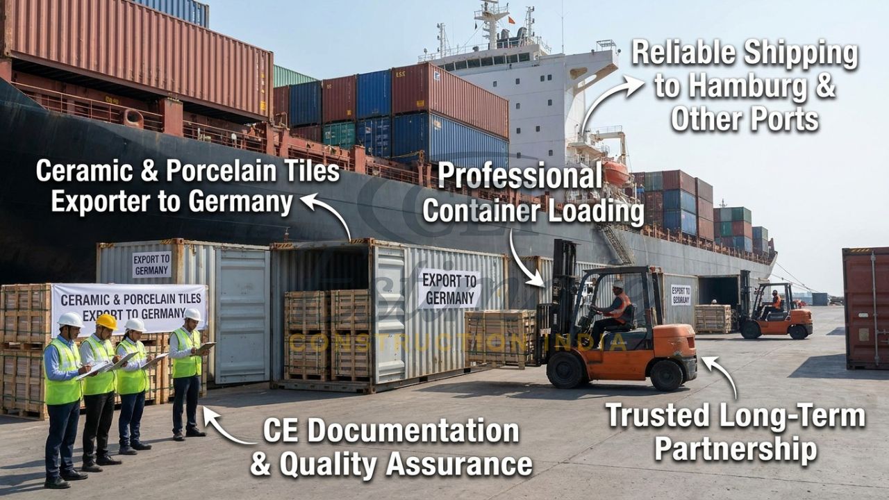 Containers loaded with premium ceramic and porcelain tiles at Mundra Port ready for shipment to Germany