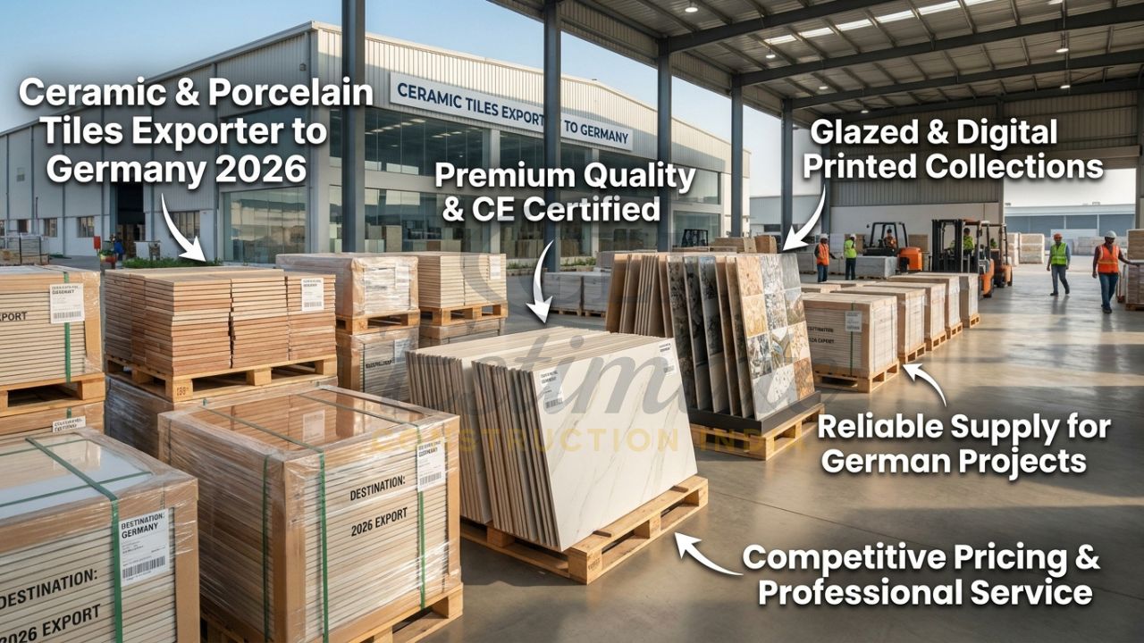 Premium ceramic and porcelain tiles ready for export from Morbi Gujarat to Germany – high-quality collections