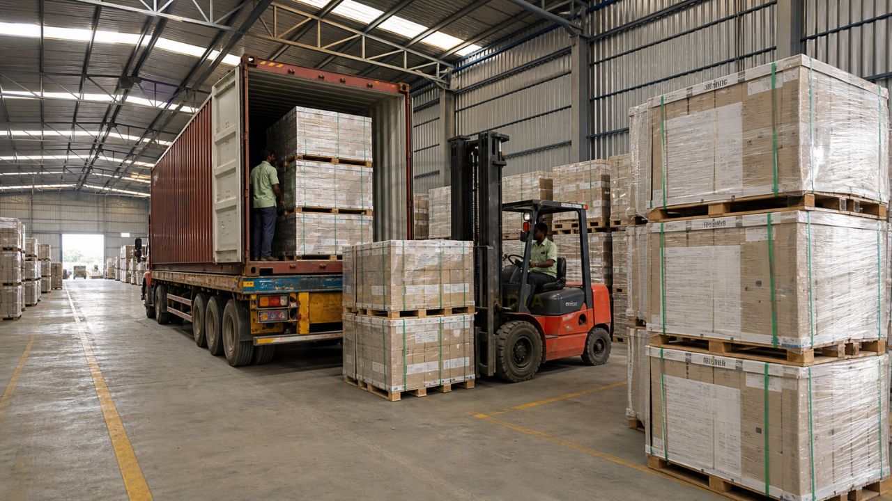 Forklift loading palletized ceramic tiles into shipping container in warehouse for export from India to USA