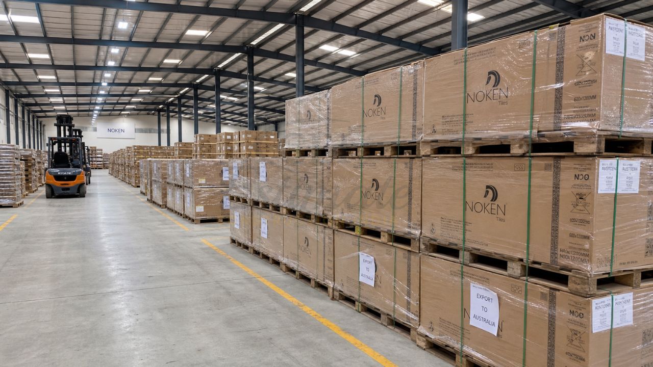 Ceramic tiles warehouse with palletized export packaging and forklift handling tiles ready for international shipment from India