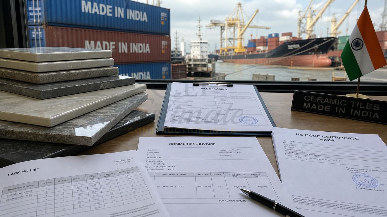 Ceramic tiles export documents India including HS code certificate commercial invoice packing list and bill of lading for international shipping