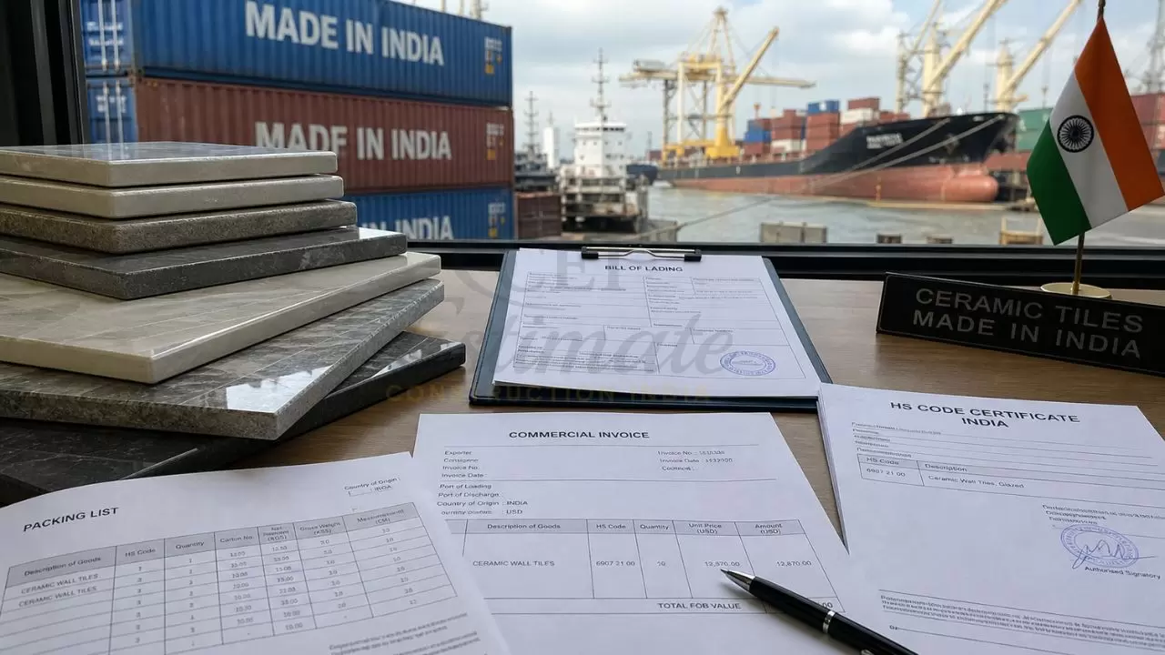 Ceramic tiles export documents India including HS code certificate commercial invoice packing list and bill of lading for international shipping