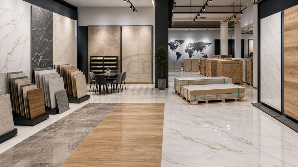 Ceramic tile showroom in India with large format tiles, marble look tiles, and wooden finish tiles prepared for export to Mexico