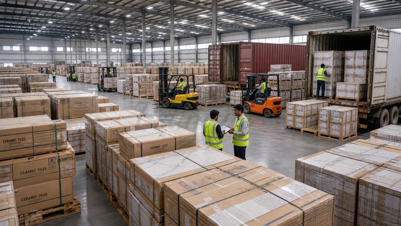 Ceramic tiles warehouse in India with bulk packaging and forklift loading containers for wholesale export to Nigeria