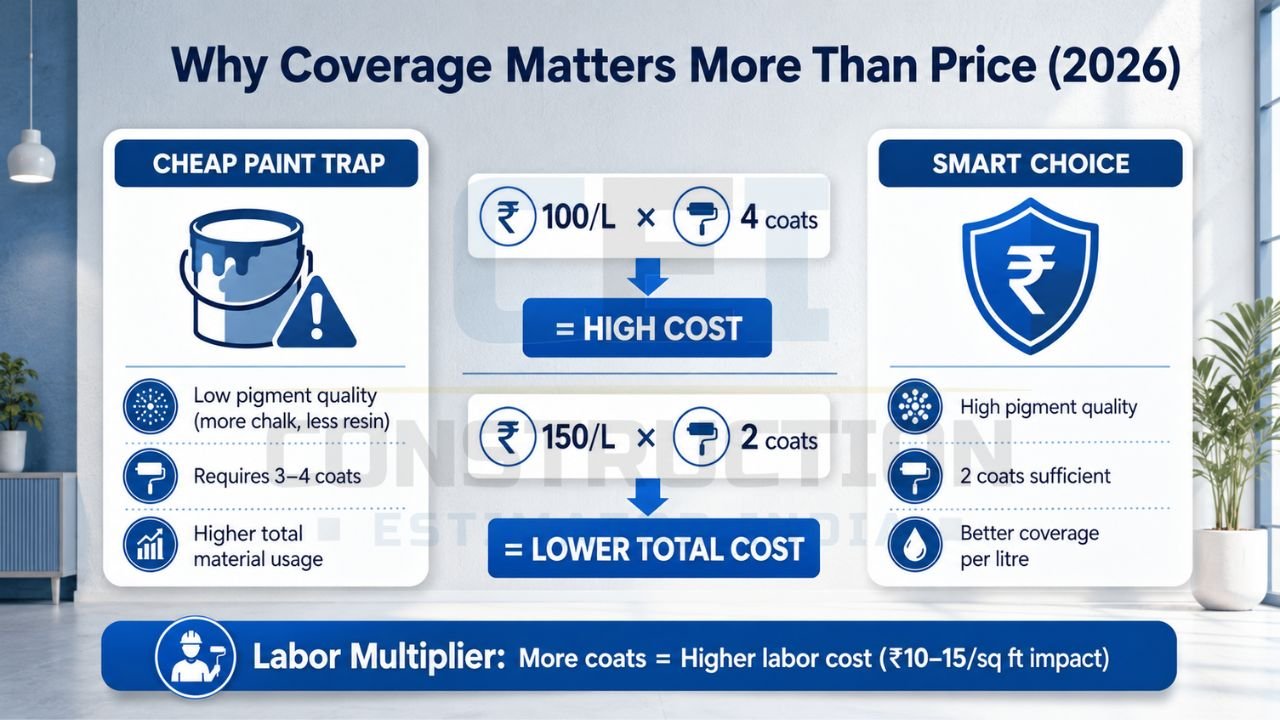Paint coverage comparison infographic showing cheap paint trap versus premium paint savings in India