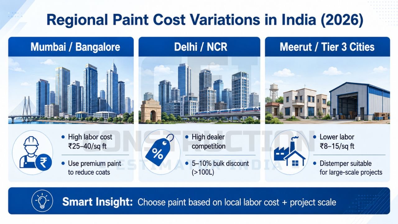 Regional paint cost comparison infographic for Mumbai, Bangalore, Delhi NCR, Meerut, and Tier 3 Indian cities