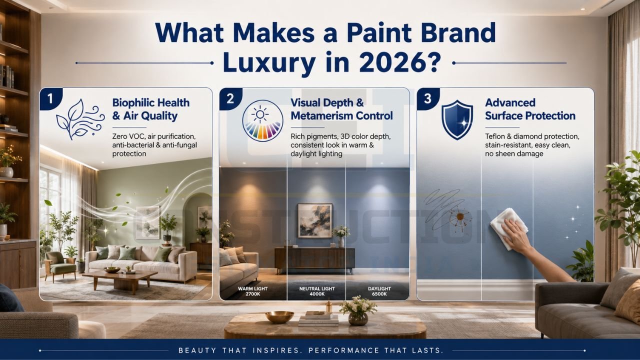 Luxury paint features infographic showing air purification, metamerism control, and advanced surface protection