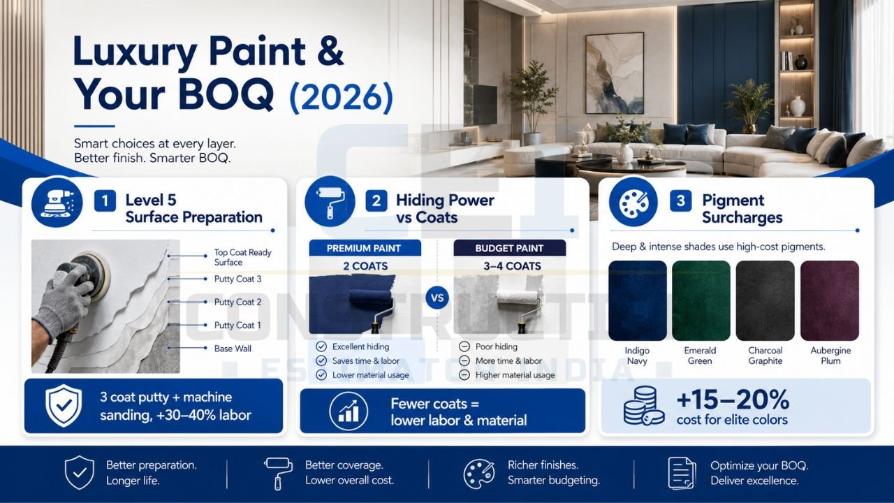 Luxury paint BOQ infographic showing premium surface preparation, hiding power, and pigment surcharge costs