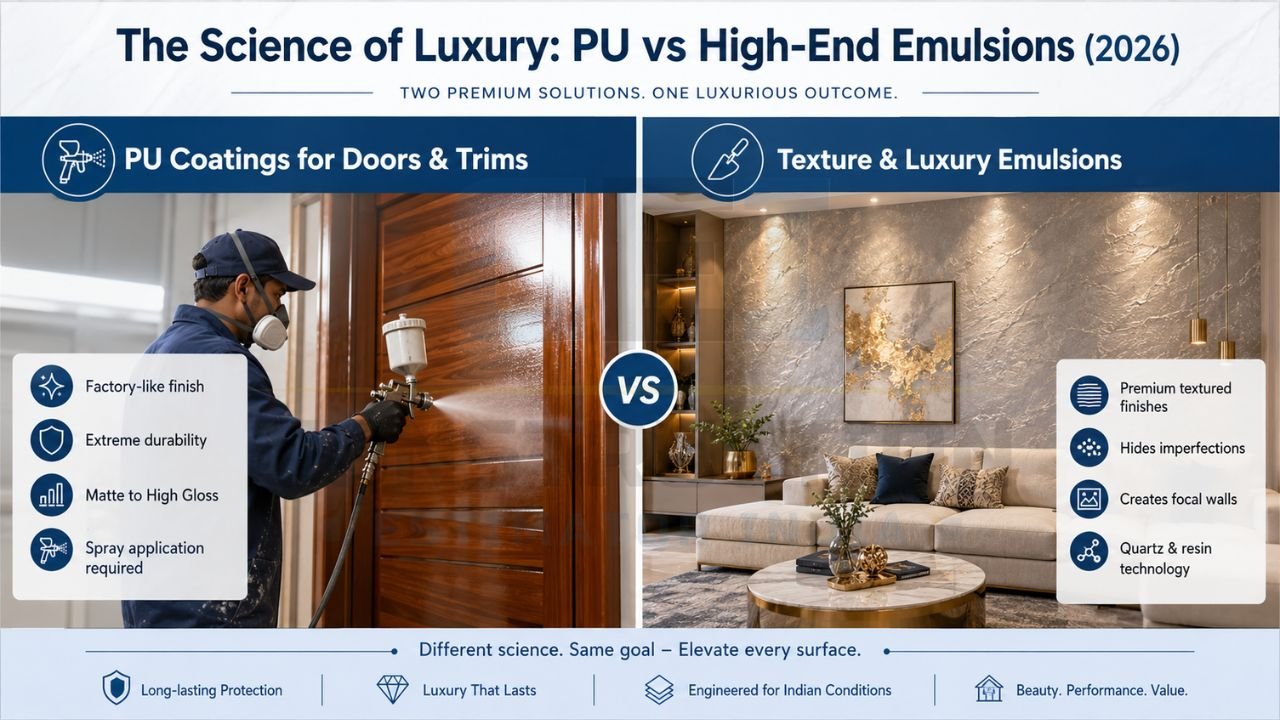 Luxury PU coating versus premium texture emulsion comparison infographic for modern interiors in India