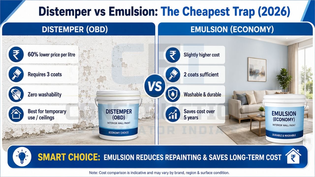 Distemper versus emulsion paint comparison infographic showing washability, durability, and long-term cost differences