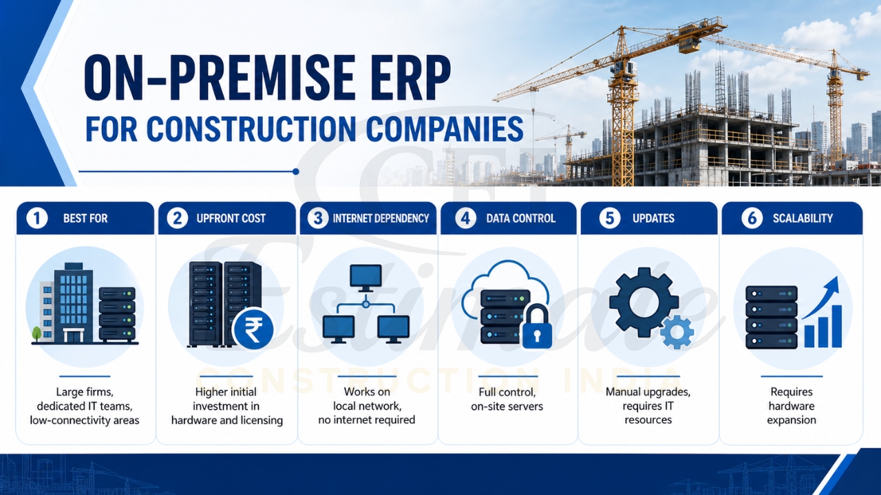 On-premise ERP features for construction companies including cost, control, and scalability.