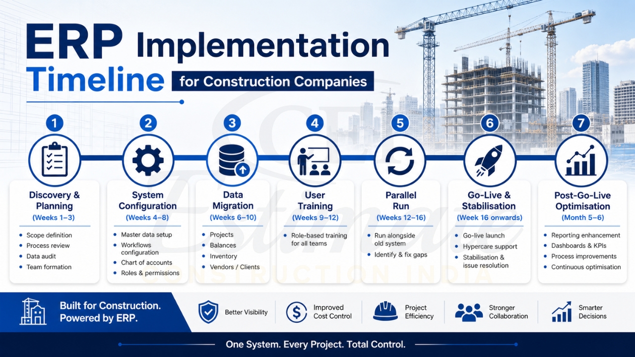 ERP implementation timeline for construction companies with phases from planning to optimization.