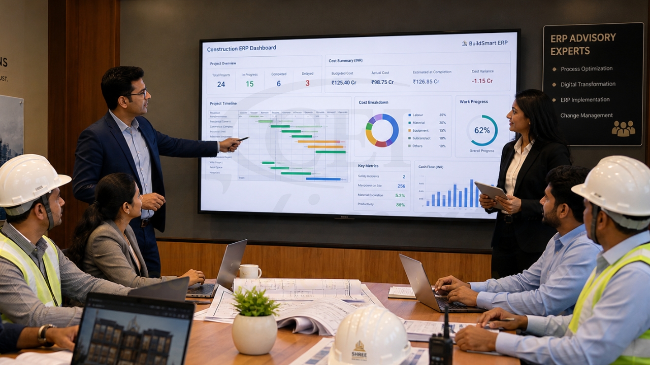 Construction team reviewing ERP dashboard during a project meeting.