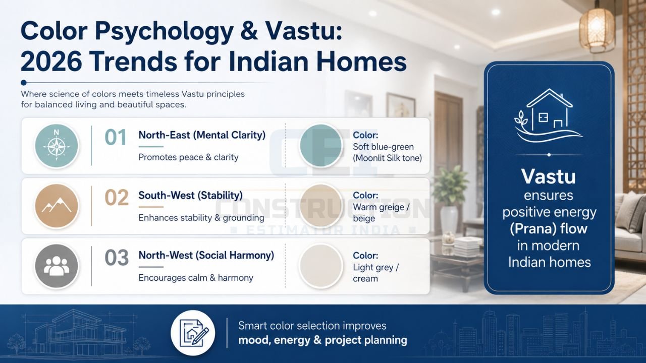 Modern Indian home interior with Vastu-inspired paint colors and 2026 color psychology trends for balanced living