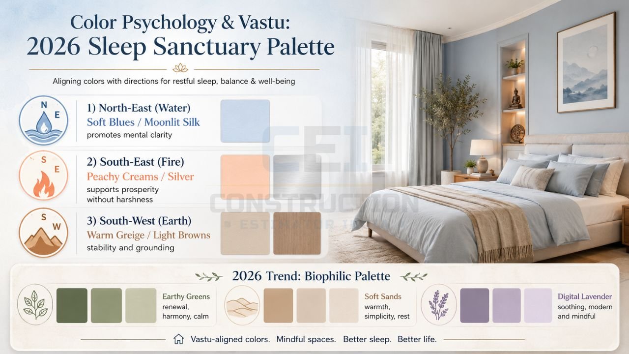 Modern bedroom interior with calming blue wall paint and 2026 Vastu-inspired color palette for restful sleep