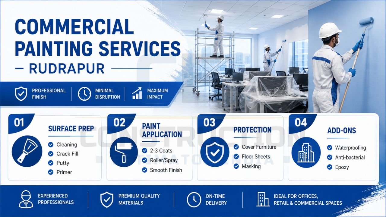 Commercial painting services in Rudrapur with surface preparation, crack filling, primer application, waterproofing, epoxy coatings, and office painting solutions.