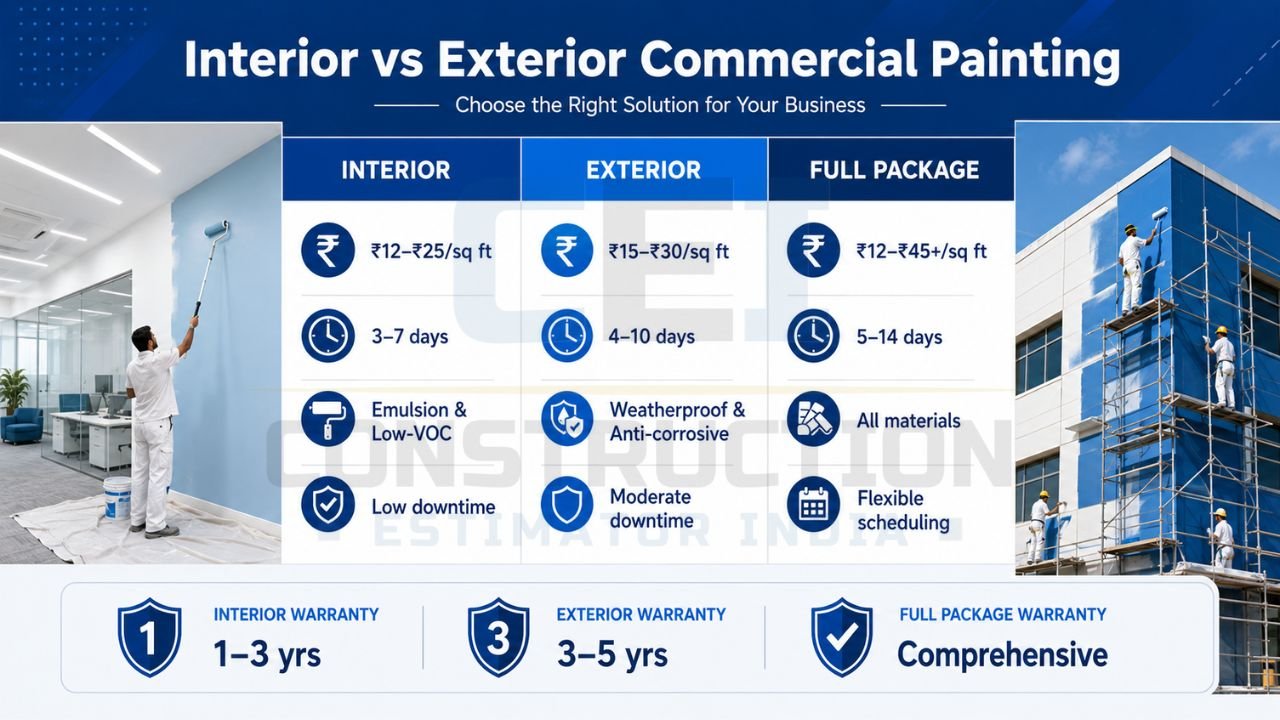 Interior vs exterior commercial painting services comparison with pricing, project duration, waterproof coatings, low-VOC paints, and warranty details in Rudrapur.