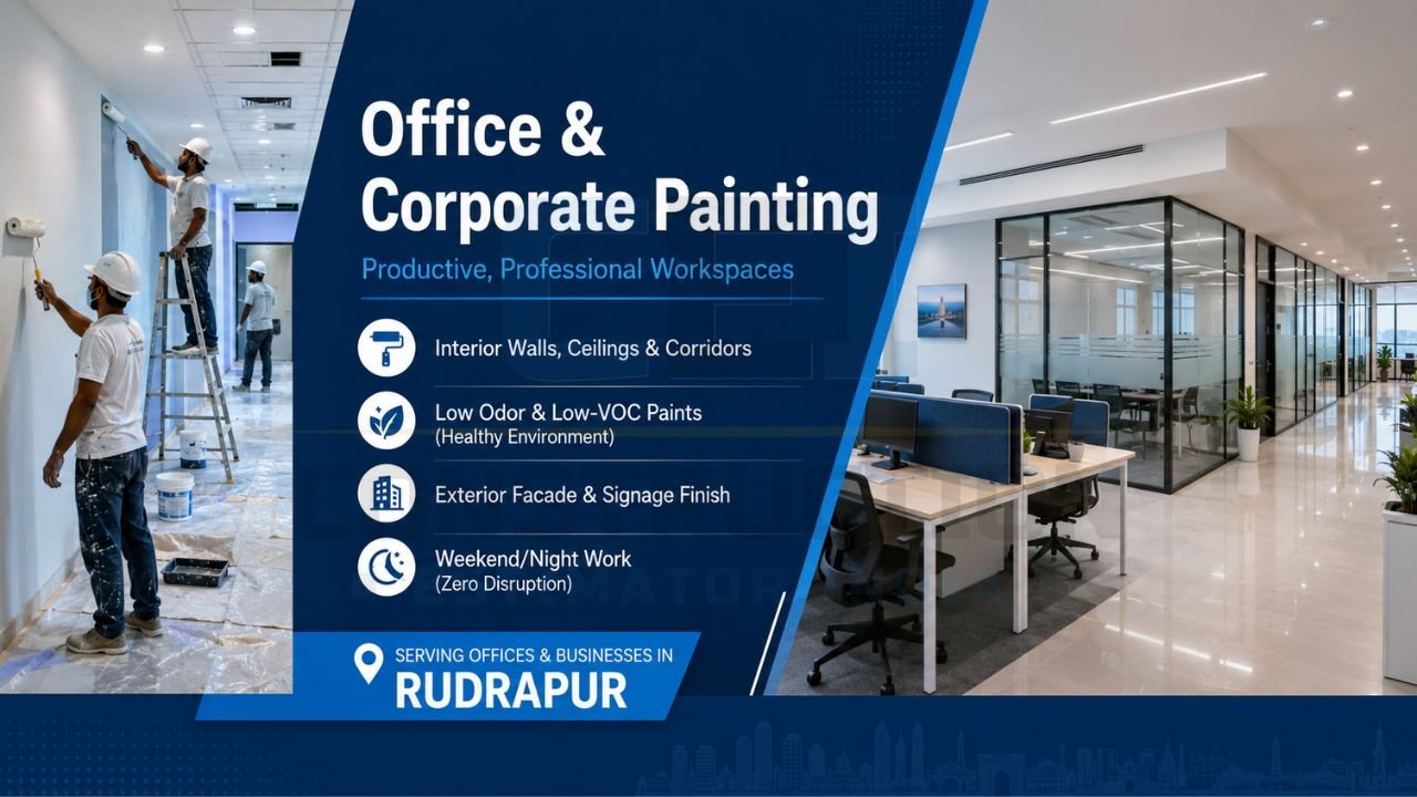 Office and corporate painting services in Rudrapur with low-VOC paints, interior wall painting, weekend work schedules, and professional workspace finishing.