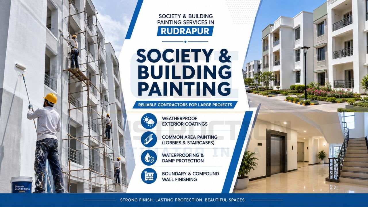 Society and building painting services in Rudrapur with waterproof exterior coatings, staircase painting, damp protection, and compound wall finishing.