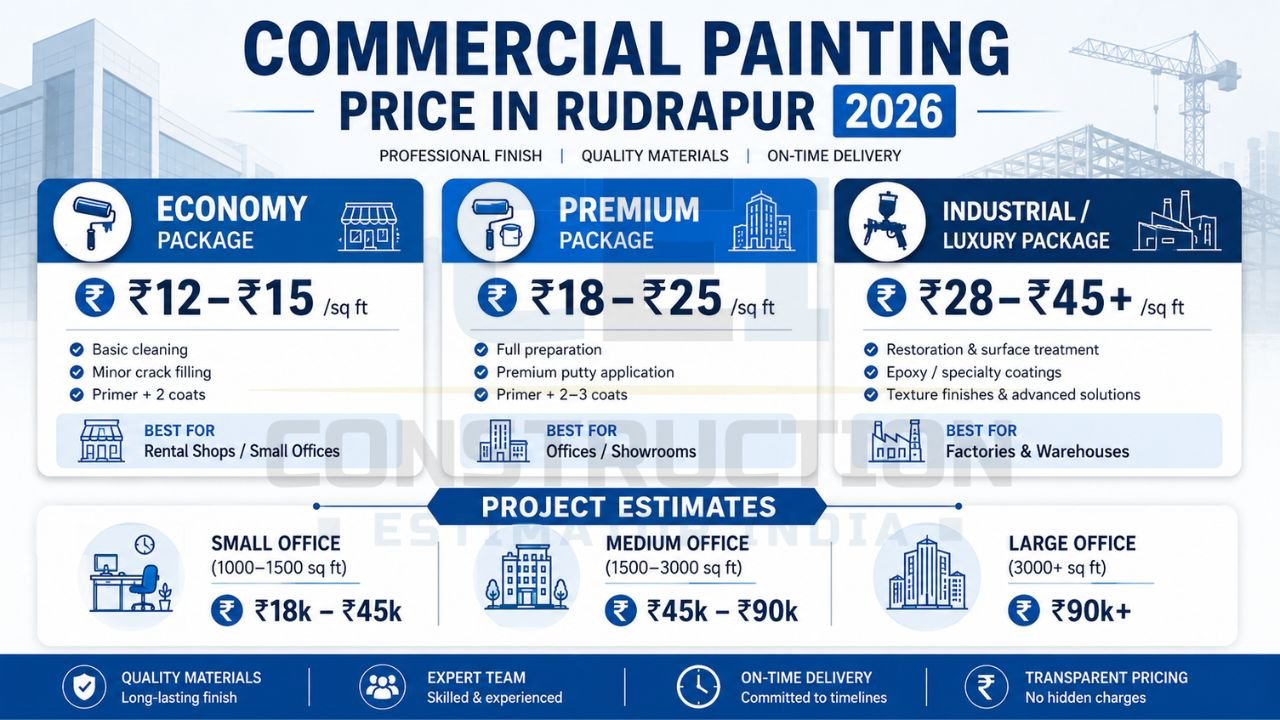 Commercial painting price in Rudrapur 2026 with economy, premium, and industrial painting package rates for offices, warehouses, factories, and showrooms.