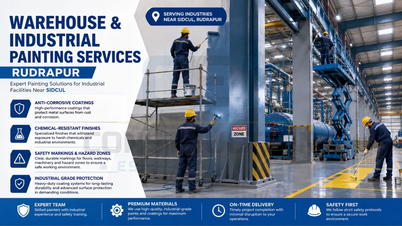 Warehouse and industrial painting services in Rudrapur with anti-corrosive coatings, chemical-resistant finishes, safety markings, and industrial-grade protection.