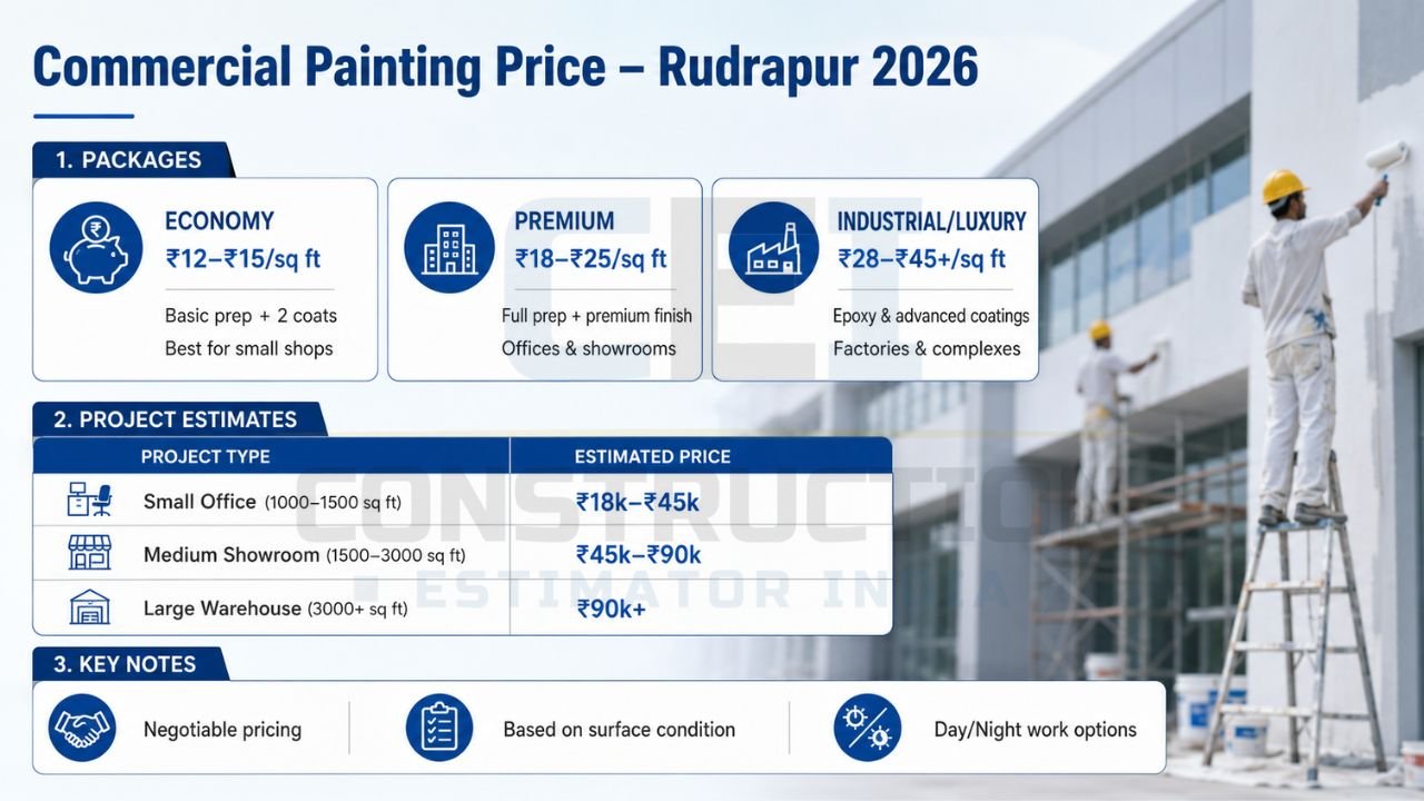 Commercial painting price in Rudrapur 2026 featuring economy, premium, and industrial luxury painting packages with office and warehouse project estimates.
