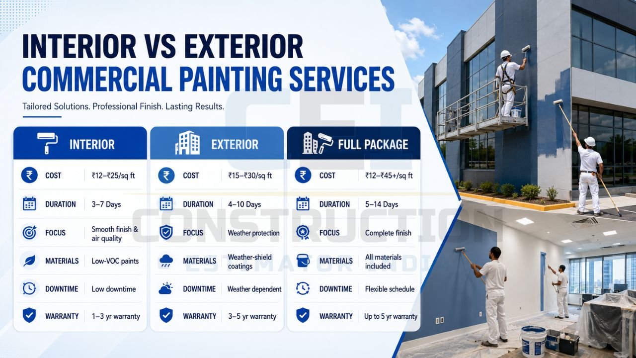 Interior vs exterior commercial painting services comparison showing pricing, project duration, low-VOC paints, weatherproof coatings, and warranty details for commercial buildings in Rudrapur.