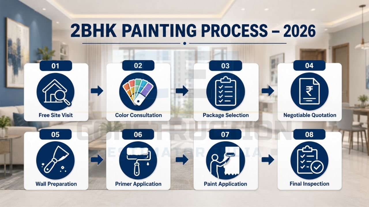 2BHK painting process in 2026 including free site visit, color consultation, wall preparation, primer application, paint application, and final inspection.