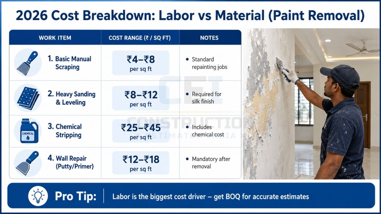 Wall paint removal cost comparison infographic showing manual scraping, sanding, chemical stripping, and wall repair costs in India