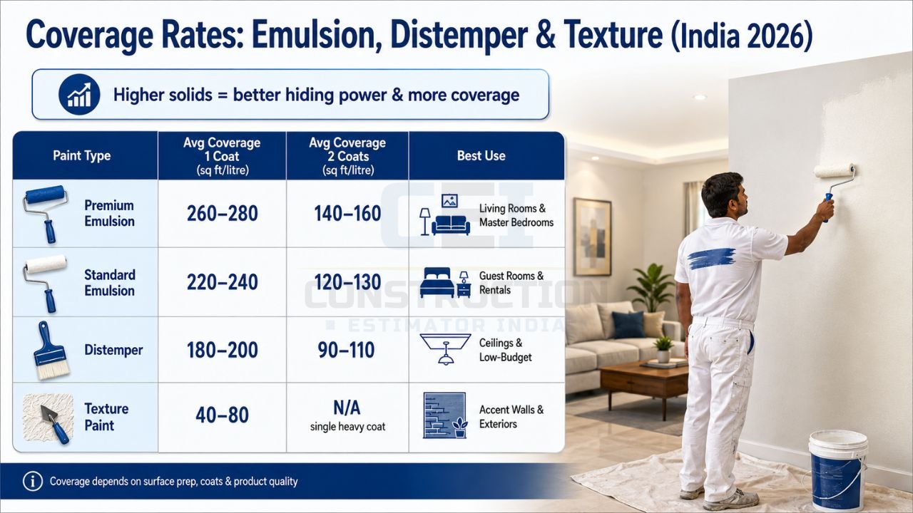 Infographic showing paint coverage rates per litre for emulsion, distemper, and texture paint used in Indian homes