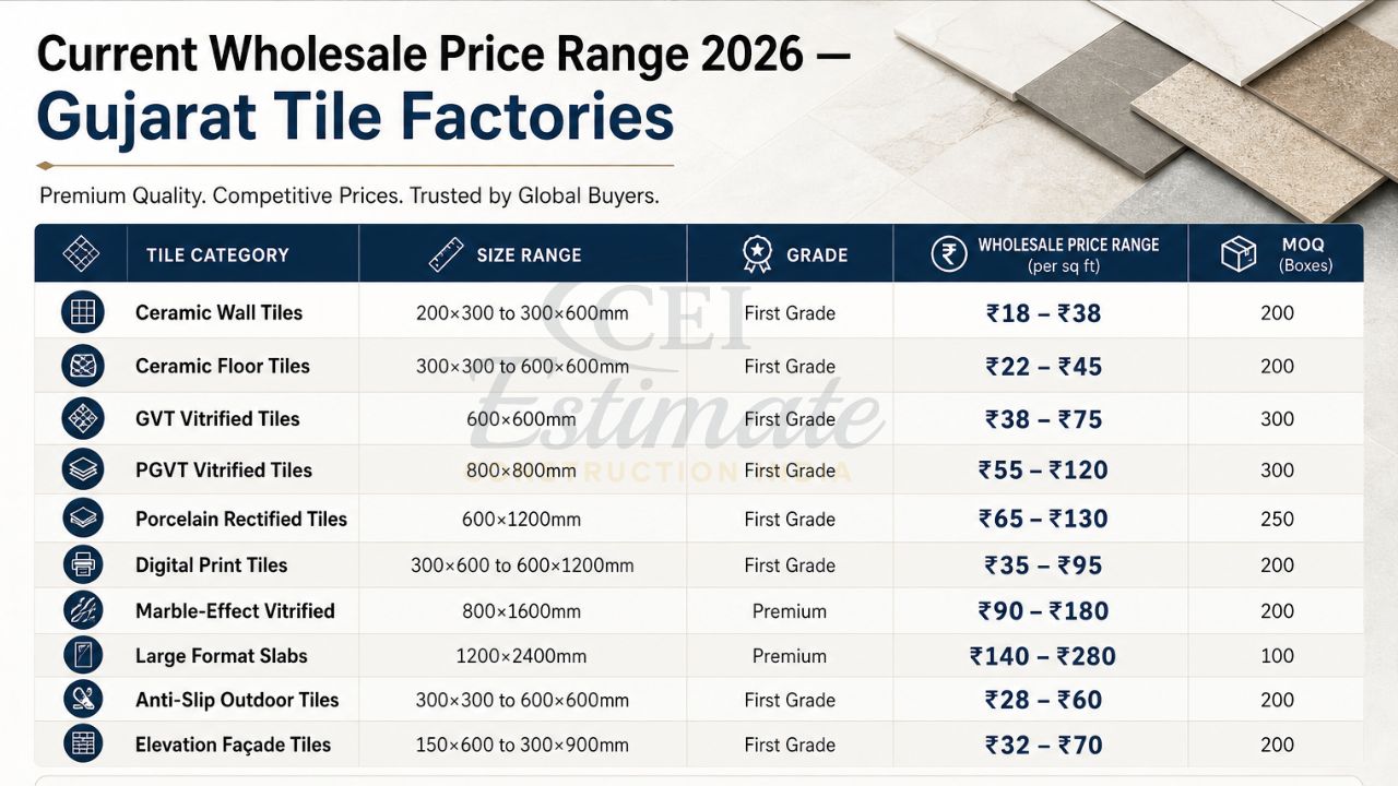 Current wholesale price range 2026 for Gujarat tile factories showing ceramic, vitrified, porcelain tiles with price per sq ft and MOQ details