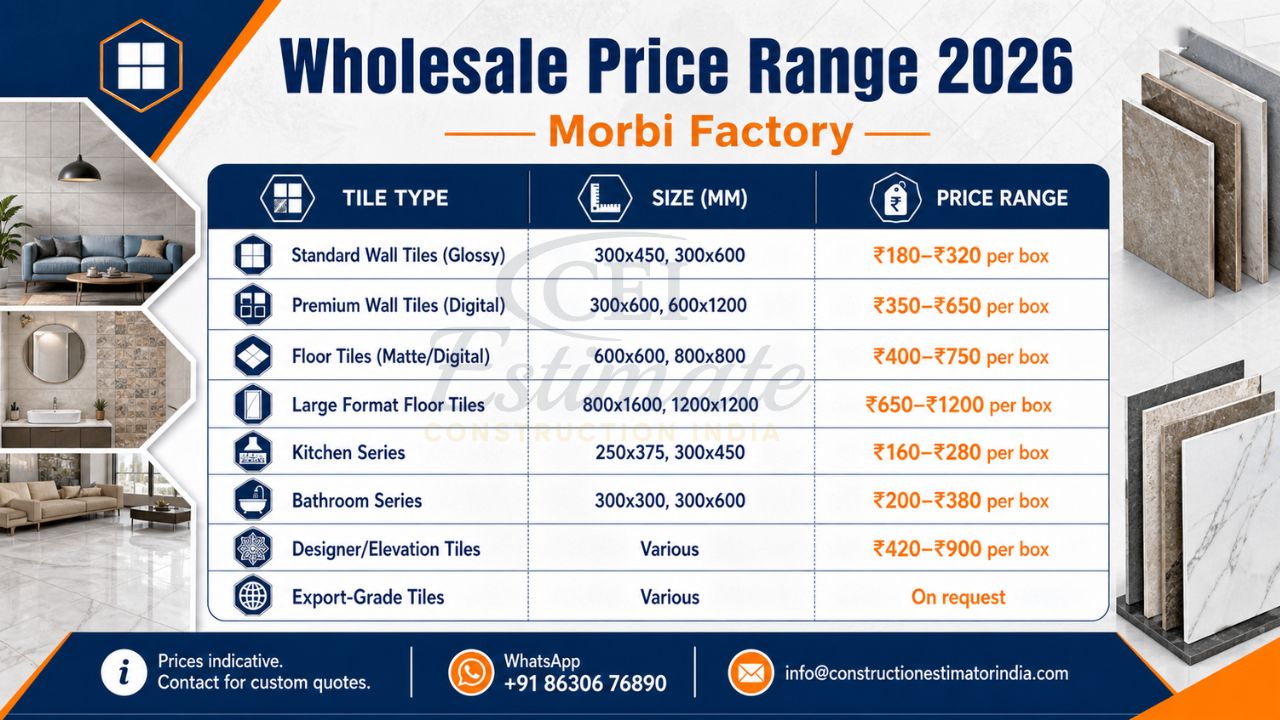 Wholesale ceramic tile price range 2026 from Morbi factory India showing tile types sizes and per box pricing for export buyers